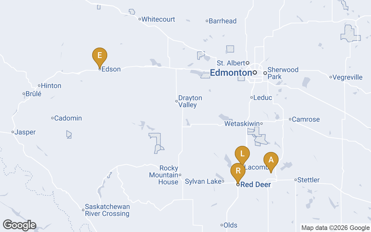 Map of Alberta showing Edson, three hours west of Red Deer